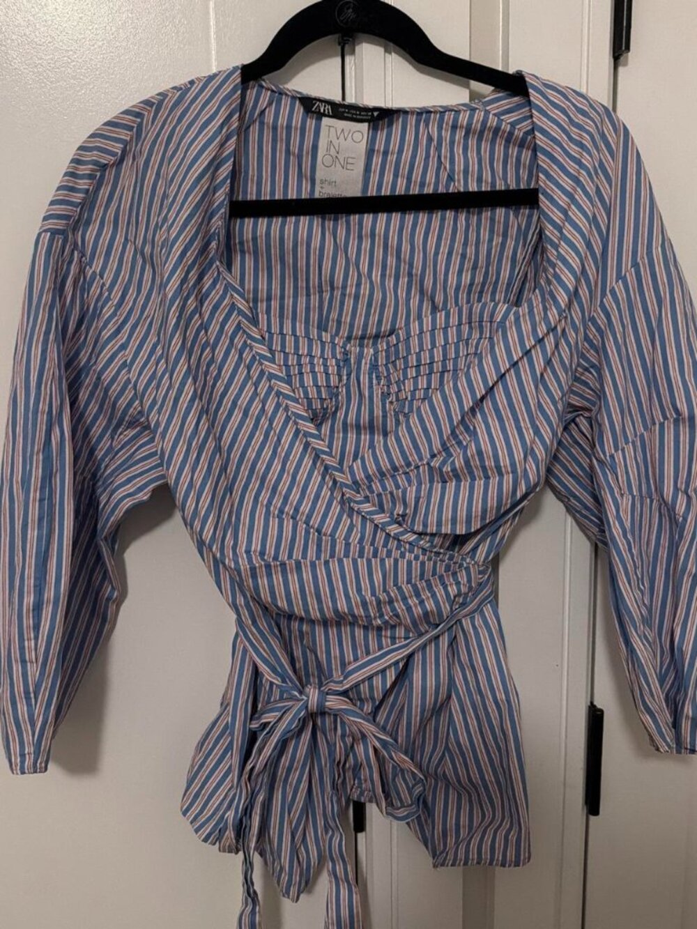 Zara blue, white and red striped blouse with tie waist